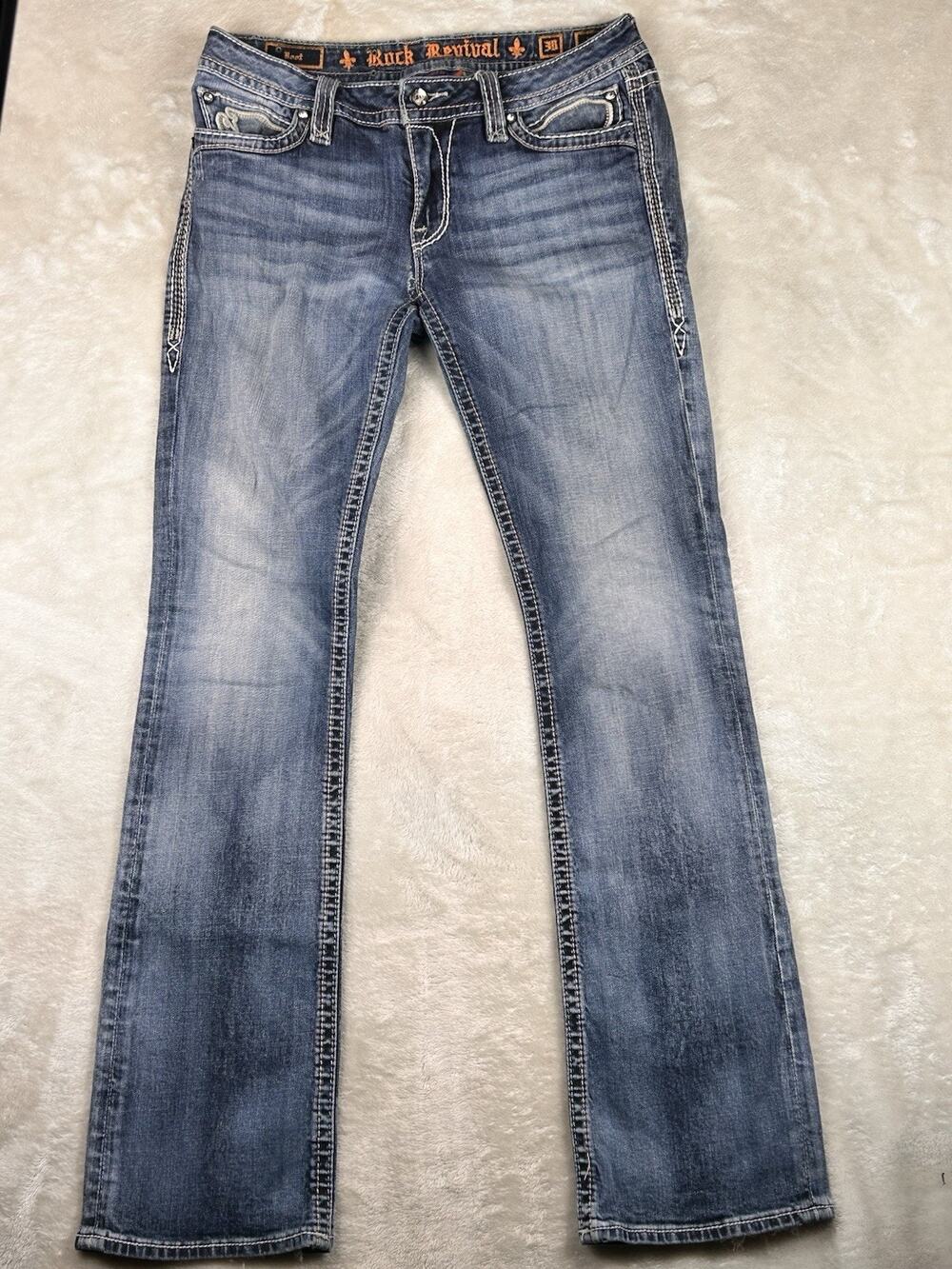 Rock Revival Jeans Womens Sz 30 Pilkin Mid-Rise Boot Medium Wash Thick Stitch